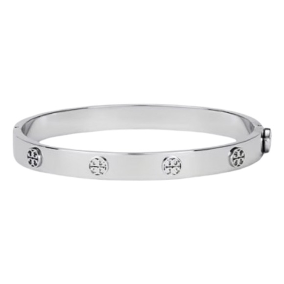 TORY BURCH • Silver 7mm Logo Miller Studded Hinge Bangle Bracelet - Picture 1 of 4